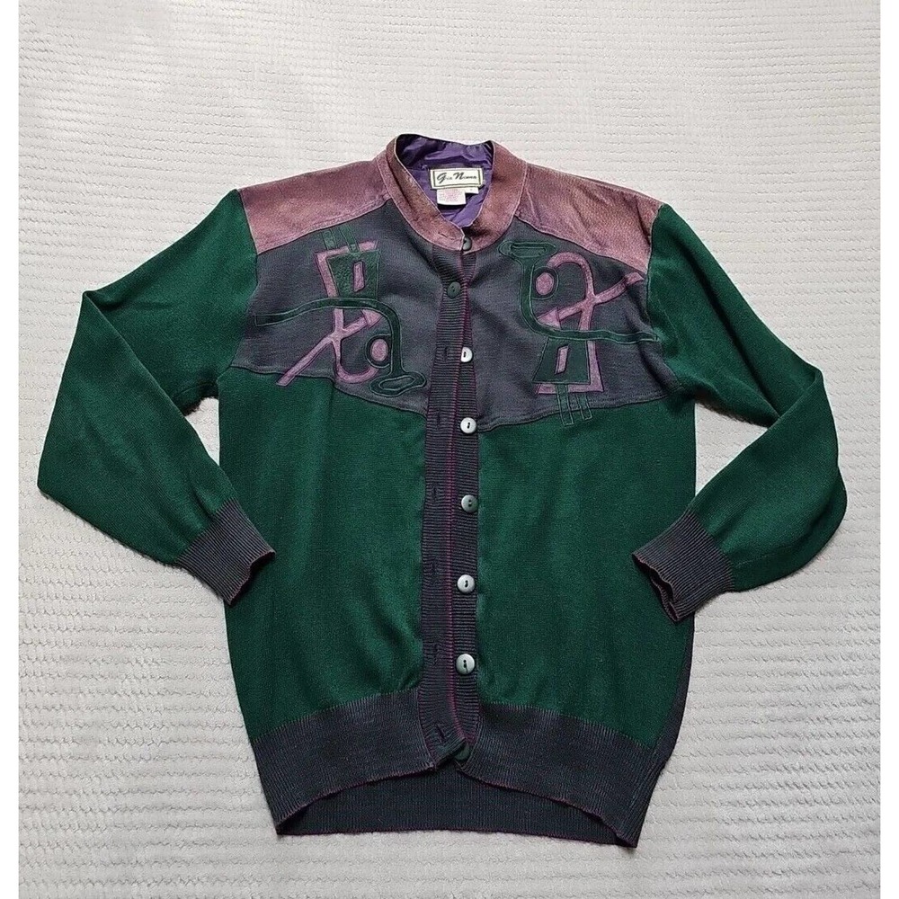 Vintage Gia Ninno Sweater Womens Small Button Cardigan Leather Shoulders